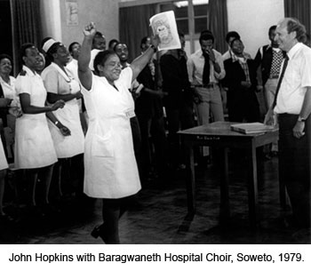 Hopkins with a hospital choir in Soweto, South Africa, in 1979.